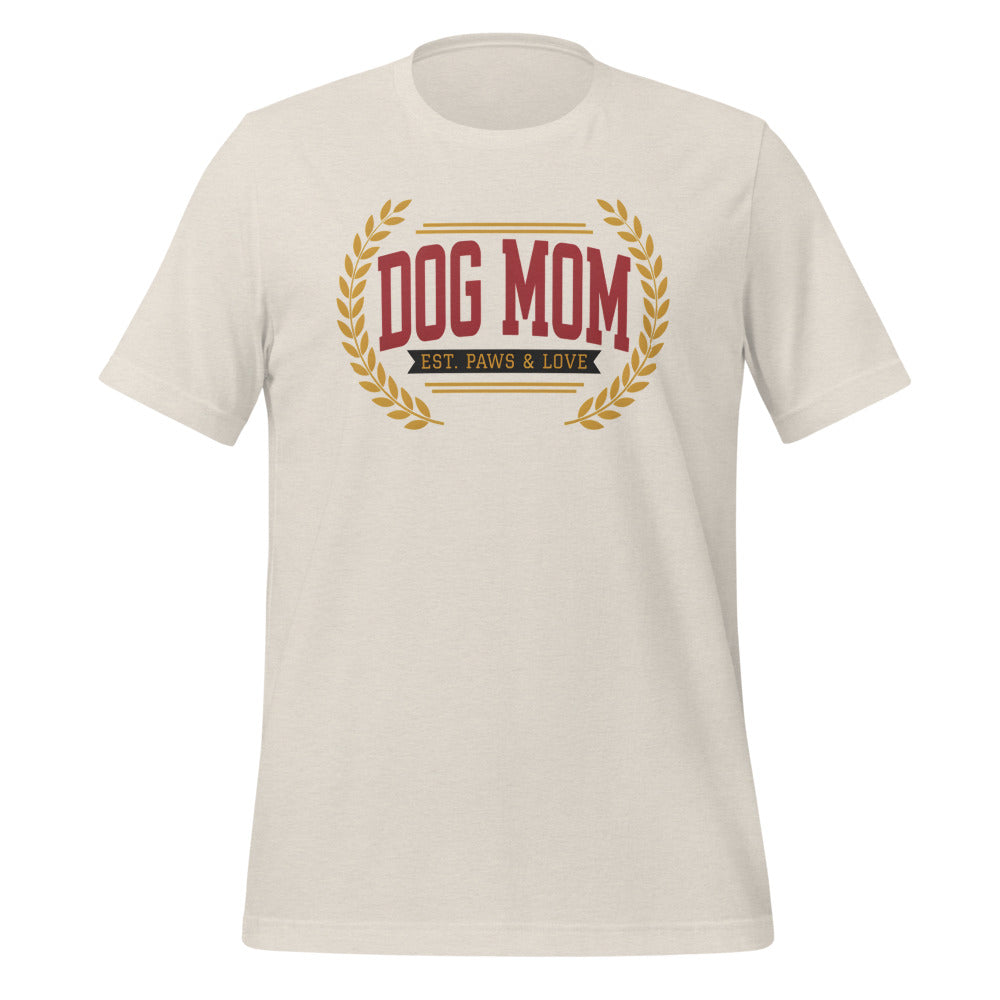 Dog Mom vintage varsity wordmark tee — Heather Dust, front