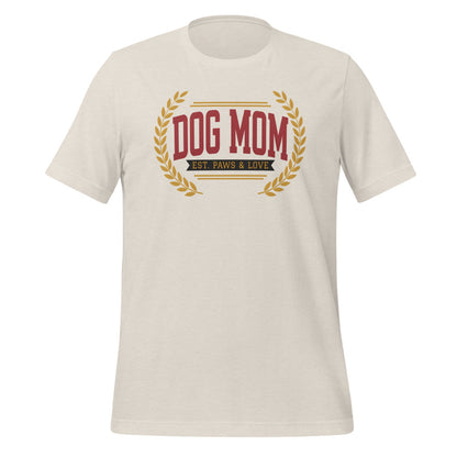 Dog Mom vintage varsity wordmark tee — Heather Dust, front