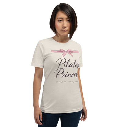 Pilates Princess coquette bow tee — Heather Dust, on model