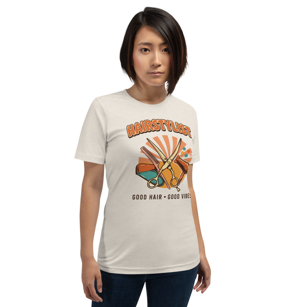 Retro Salon Hairstylist good hair good vibes tee — Heather Dust, on model
