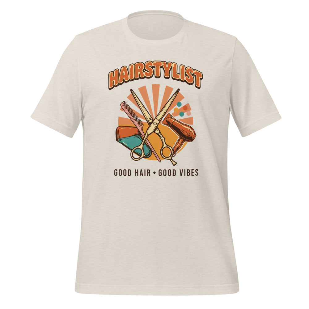Retro Salon Hairstylist good hair good vibes tee — Heather Dust, front