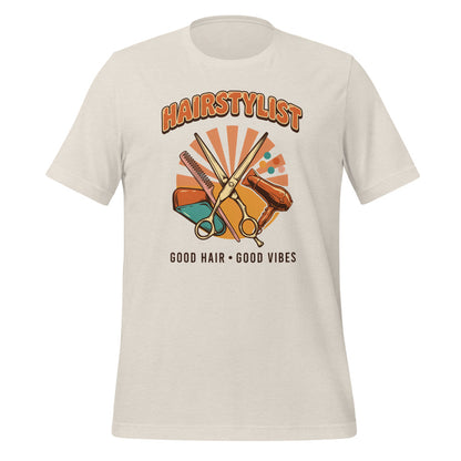 Retro Salon Hairstylist good hair good vibes tee — Heather Dust, front