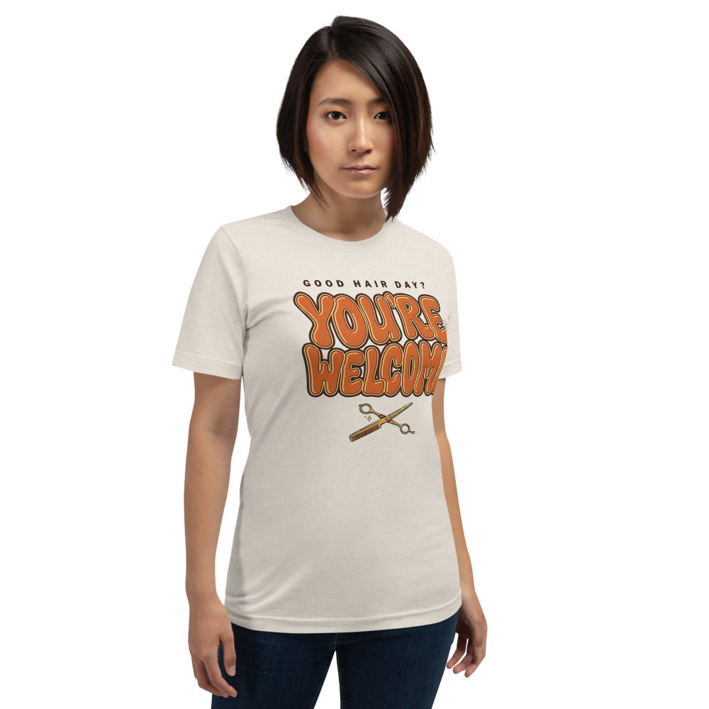 Funny hairstylist Good Hair Day You're Welcome tee — Heather Dust, on model