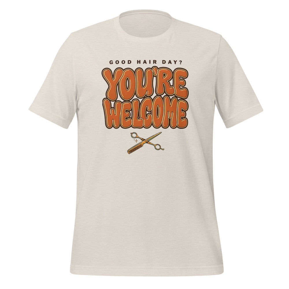 Funny hairstylist Good Hair Day You're Welcome tee — Heather Dust, front