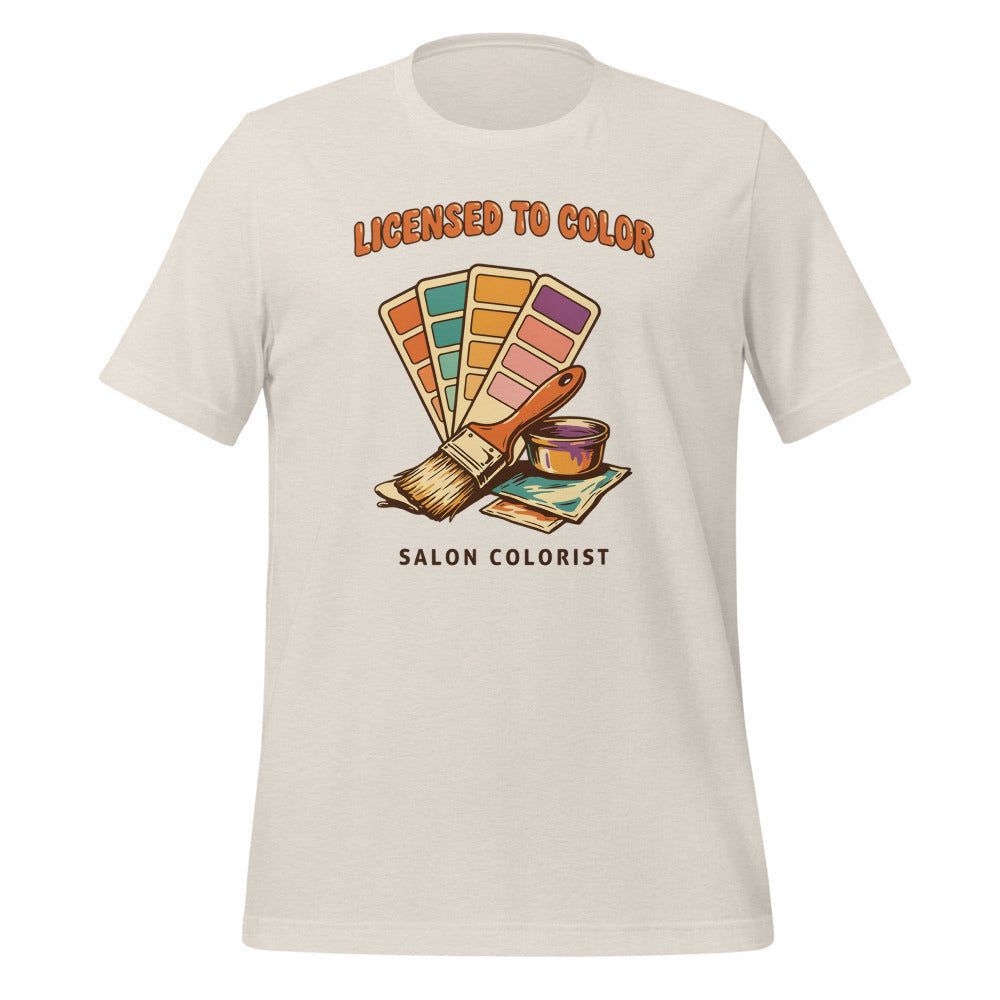 Salon colorist Licensed to Color retro tee — Heather Dust, front