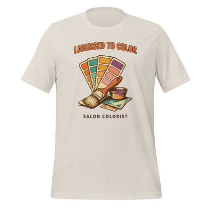 Salon colorist Licensed to Color retro tee — Heather Dust, front