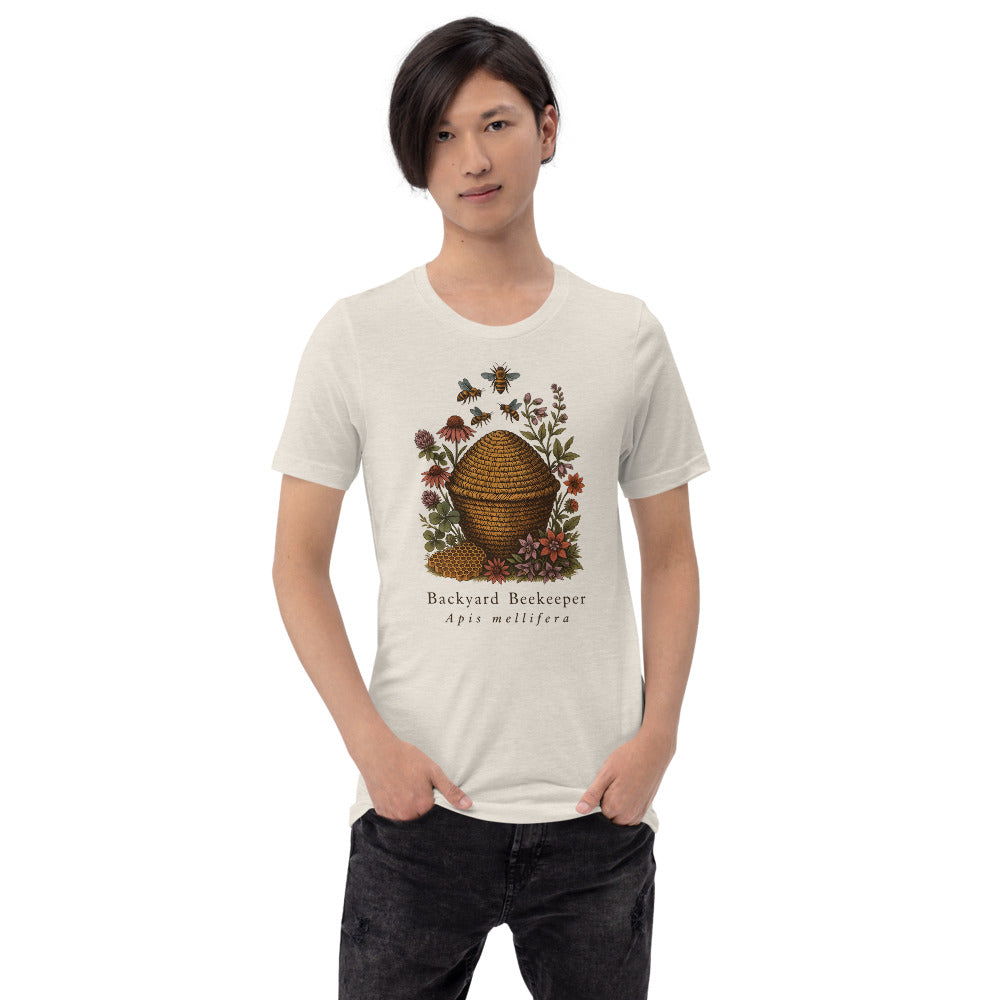 Backyard Beekeeper field-guide bee tee — Heather Dust, on model