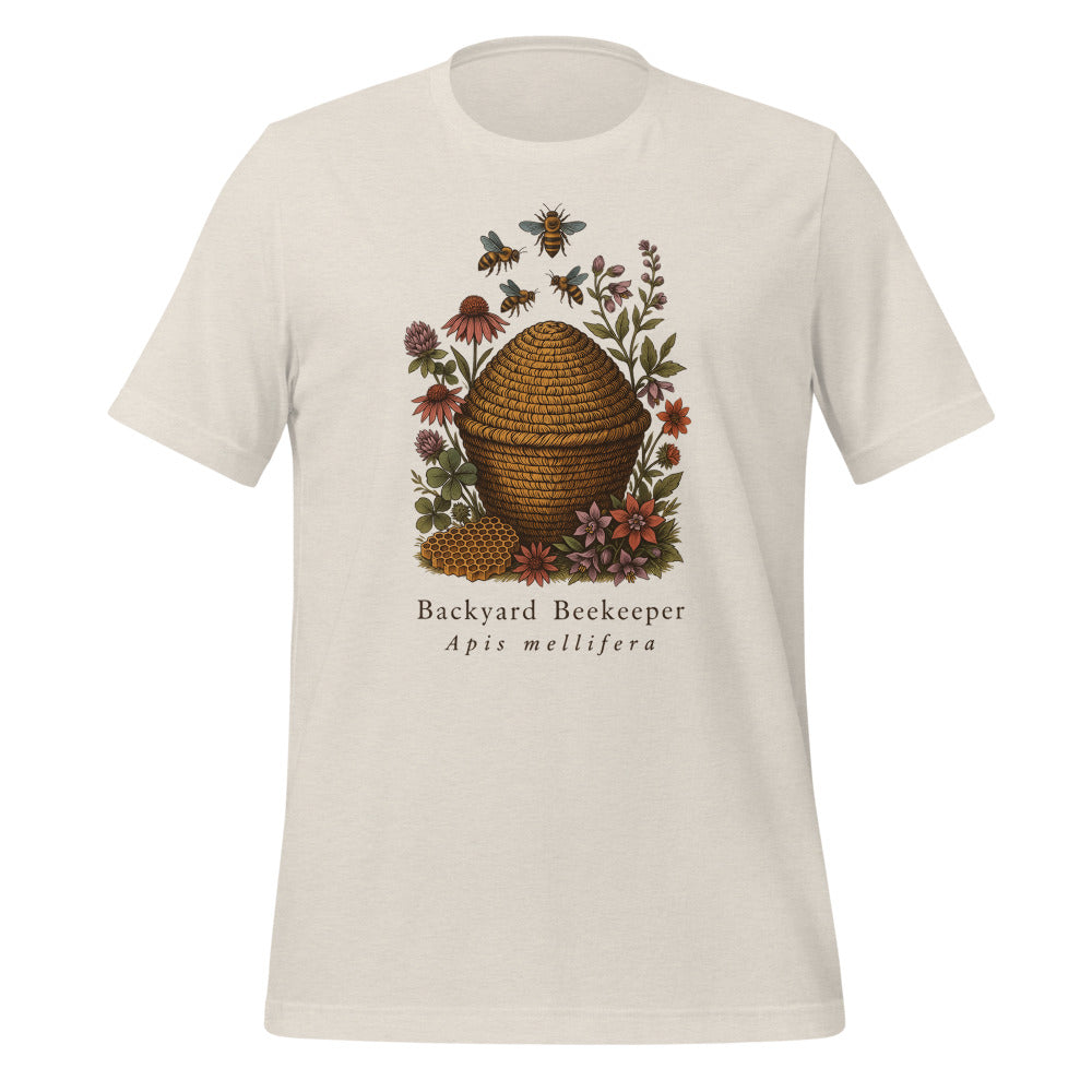 Backyard Beekeeper field-guide bee tee — Heather Dust, front
