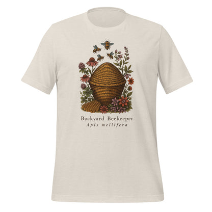 Backyard Beekeeper field-guide bee tee — Heather Dust, front