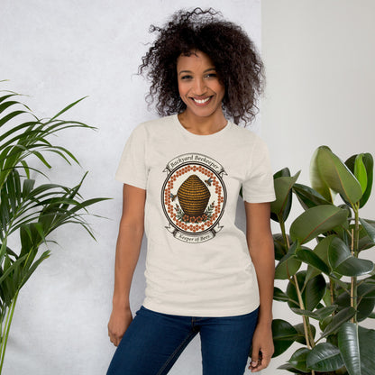 Backyard Beekeeper Keeper of Bees vintage apiary crest tee — Heather Dust, on model