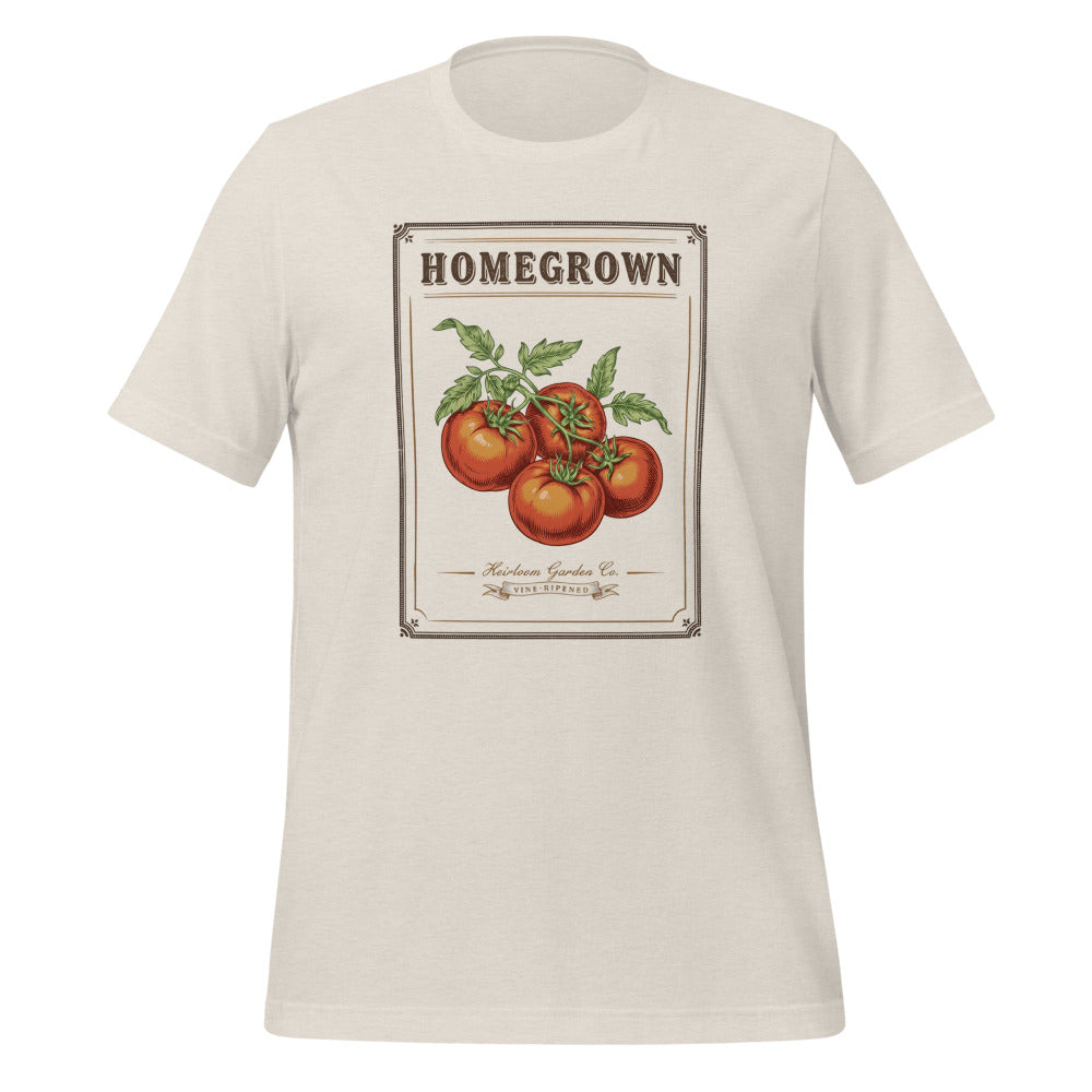 Homegrown Heirloom Seed Packet gardening tee — Heather Dust, front