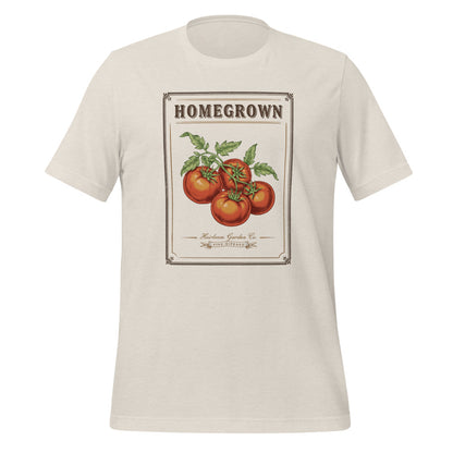Homegrown Heirloom Seed Packet gardening tee — Heather Dust, front