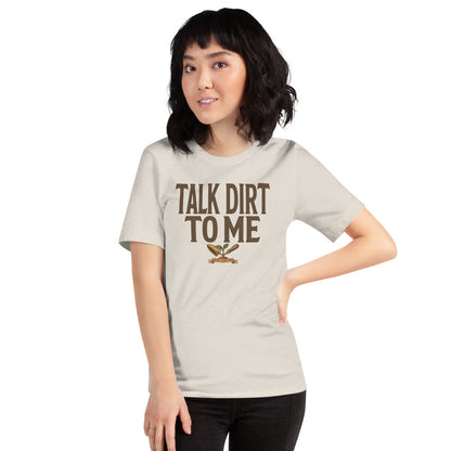 Talk Dirt To Me funny gardening tee — Heather Dust, on model