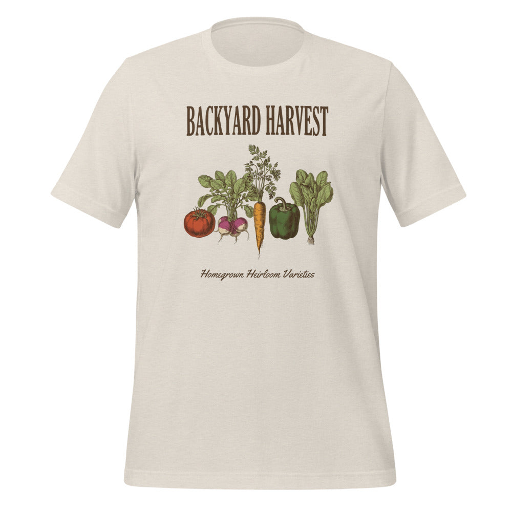 Backyard Harvest heirloom vegetable gardening tee — Heather Dust, front