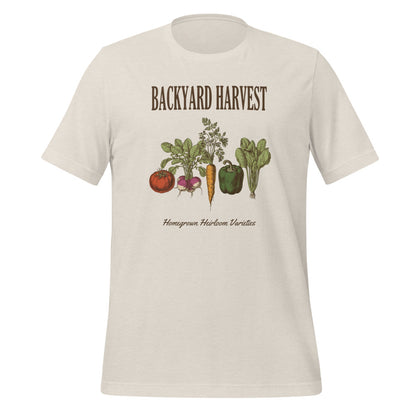 Backyard Harvest heirloom vegetable gardening tee — Heather Dust, front