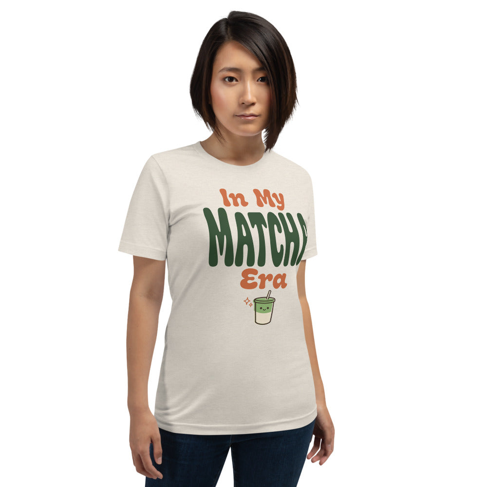 In My Matcha Era retro matcha tee — Heather Dust, on model