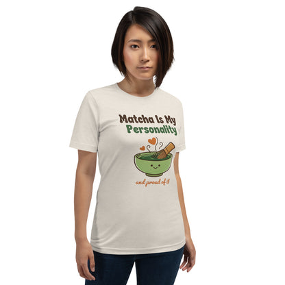 Matcha Is My Personality retro matcha tee — Heather Dust, on model
