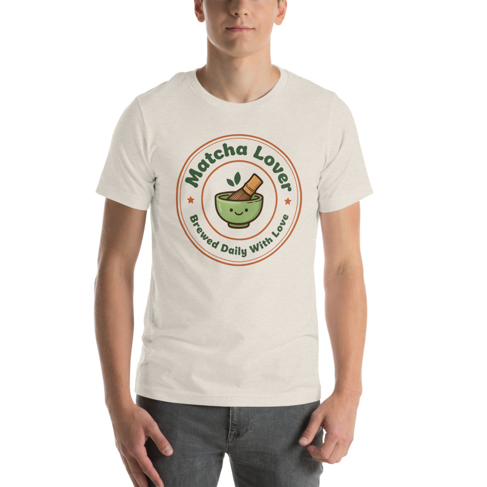 Matcha Lover retro café badge tee — Heather Dust, on model