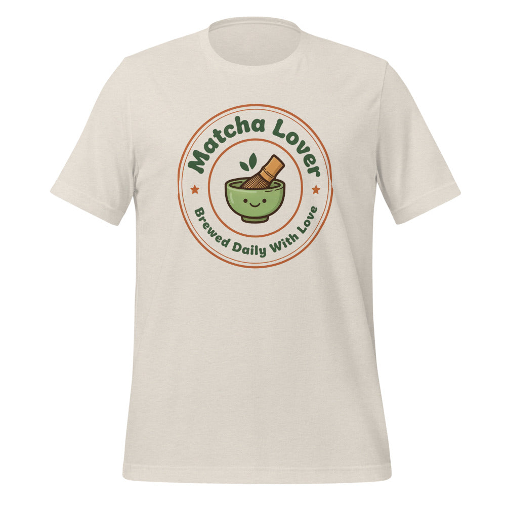 Matcha Lover retro café badge tee — Heather Dust, front