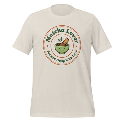Matcha Lover retro café badge tee — Heather Dust, front
