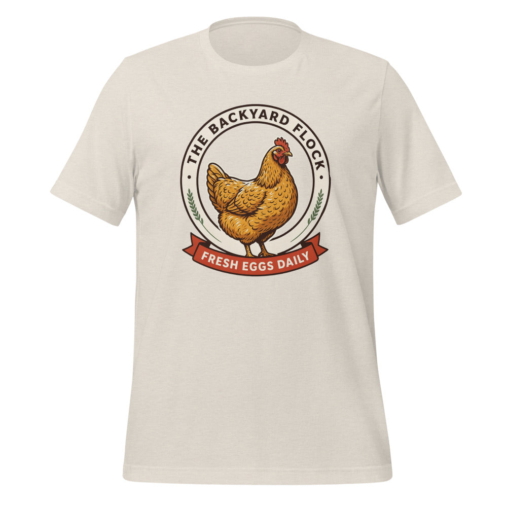 Backyard Flock heritage chicken keeper tee — Heather Dust, front