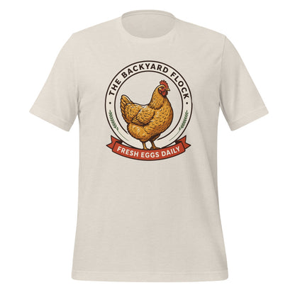 Backyard Flock heritage chicken keeper tee — Heather Dust, front