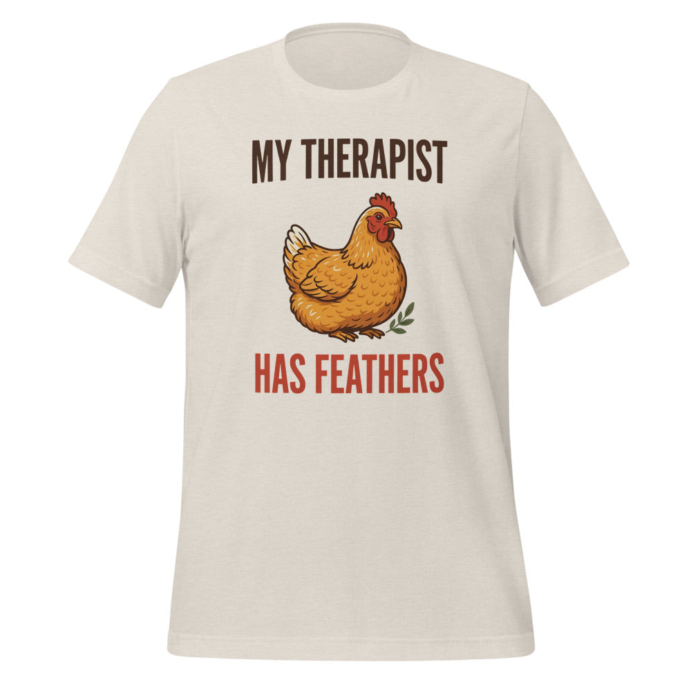 My Therapist Has Feathers funny chicken keeper tee — Heather Dust, front