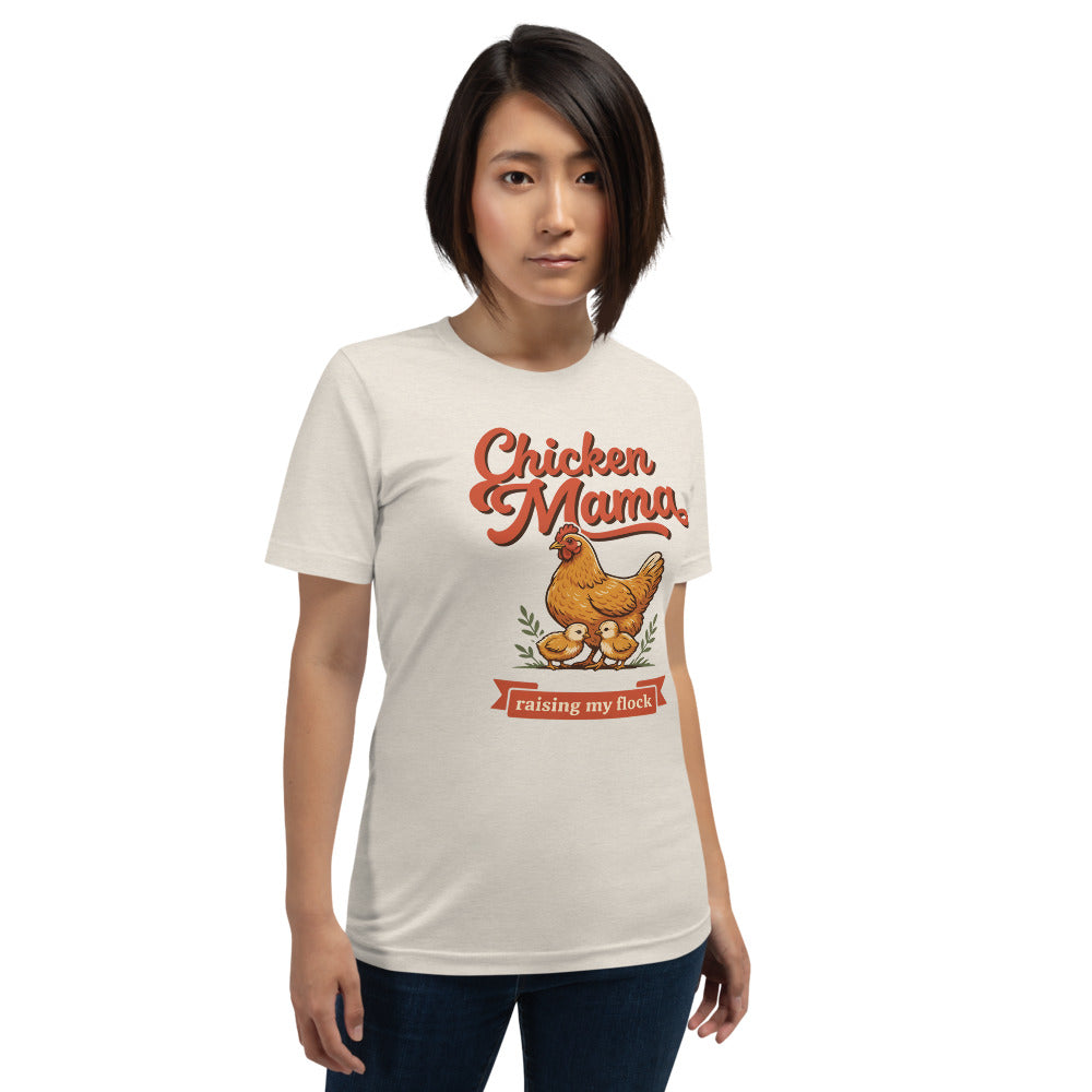 Chicken Mama raising my flock chicken keeper tee — Heather Dust, on model
