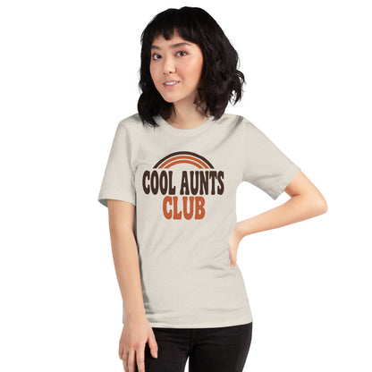 Cool Aunts Club retro groovy aunt tee — Heather Dust, on model