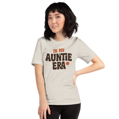 In My Auntie Era retro groovy aunt tee — Heather Dust, on model