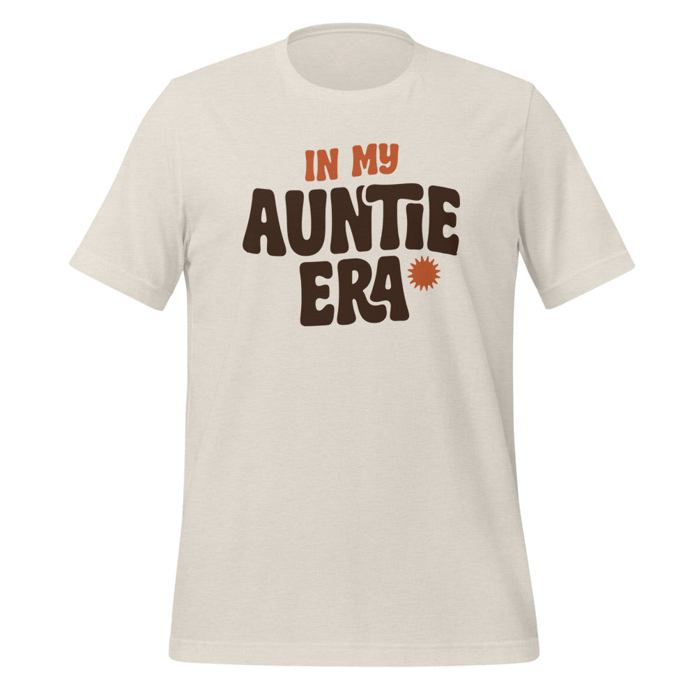 In My Auntie Era retro groovy aunt tee — Heather Dust, front