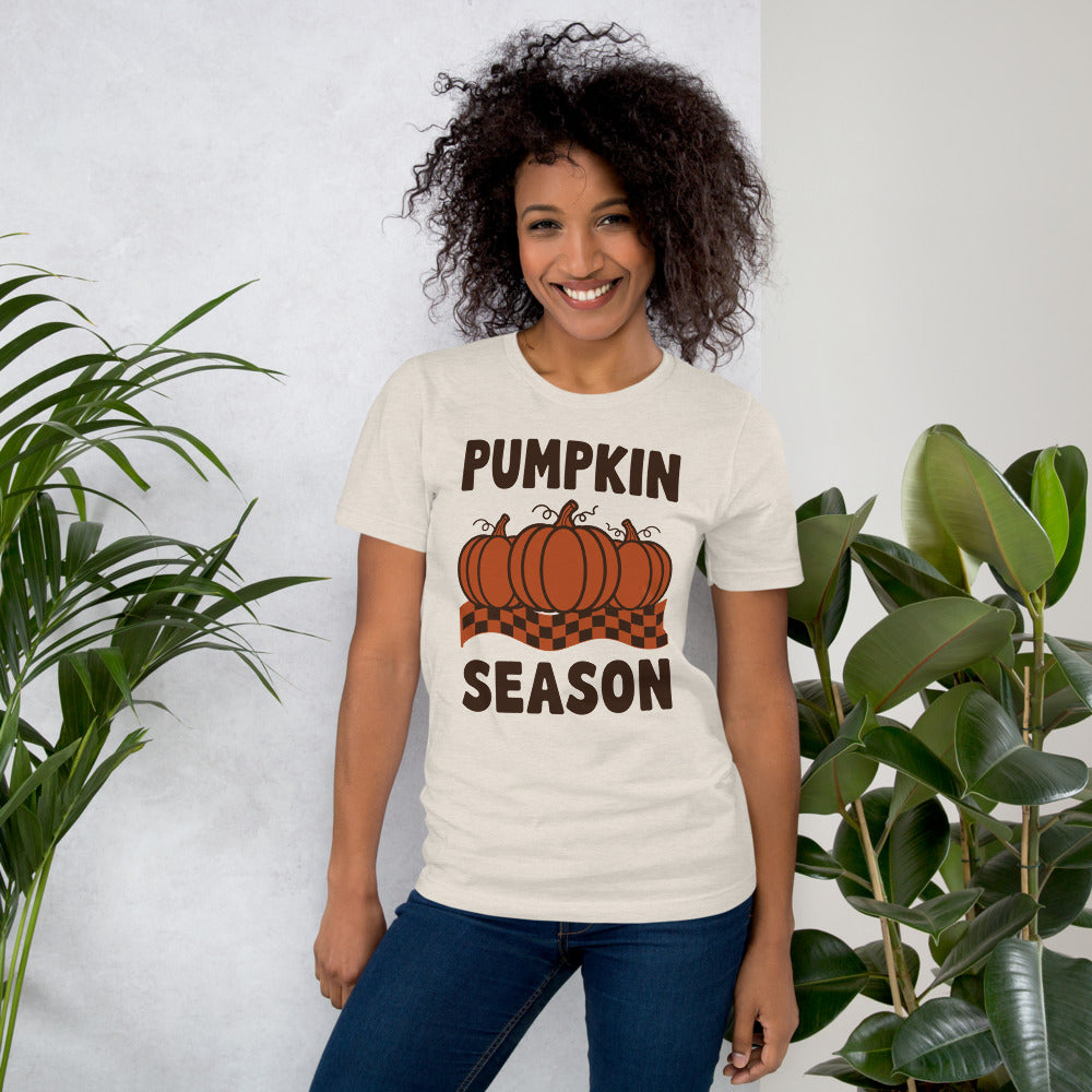 Pumpkin Season retro 70s fall t-shirt — Heather Dust, on model