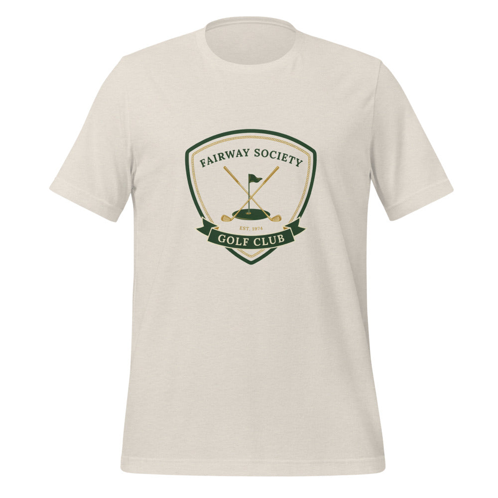 Fairway Society vintage golf club crest tee — Heather Dust, front