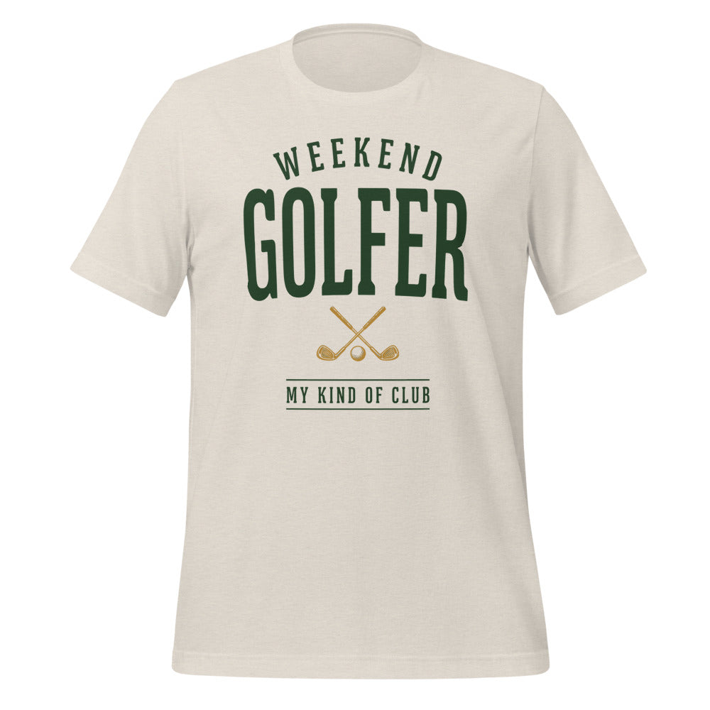 Weekend Golfer vintage golf wordmark tee — Heather Dust, front