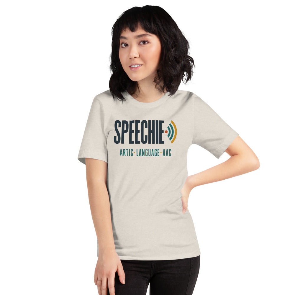 Speechie Wordmark speech therapy tee — Heather Dust, on model