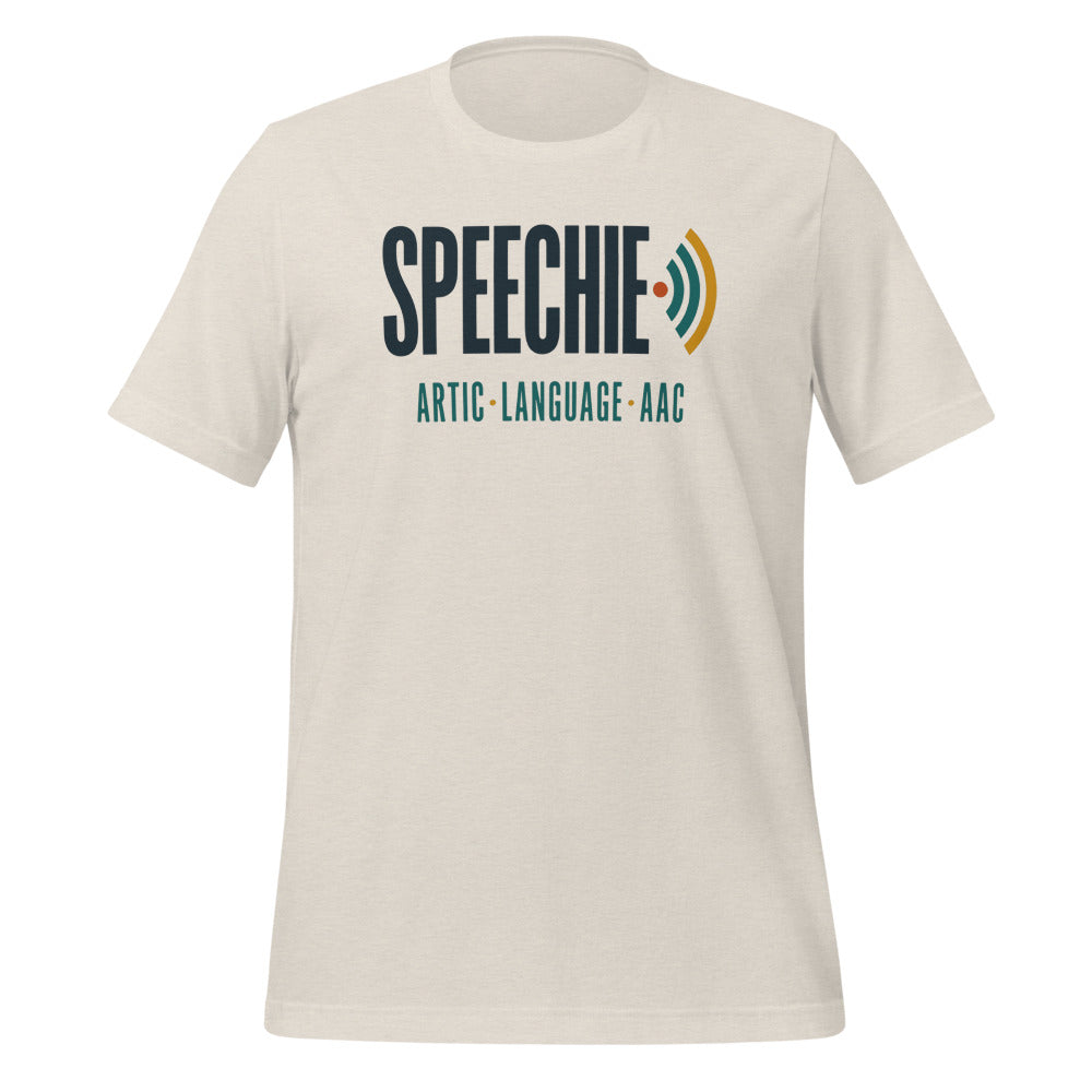 Speechie Wordmark speech therapy tee — Heather Dust, front