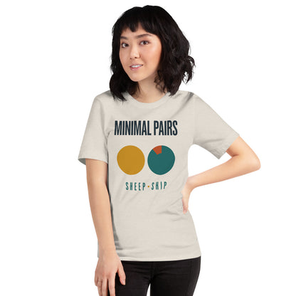 Minimal Pairs speech therapy tee — Heather Dust, on model