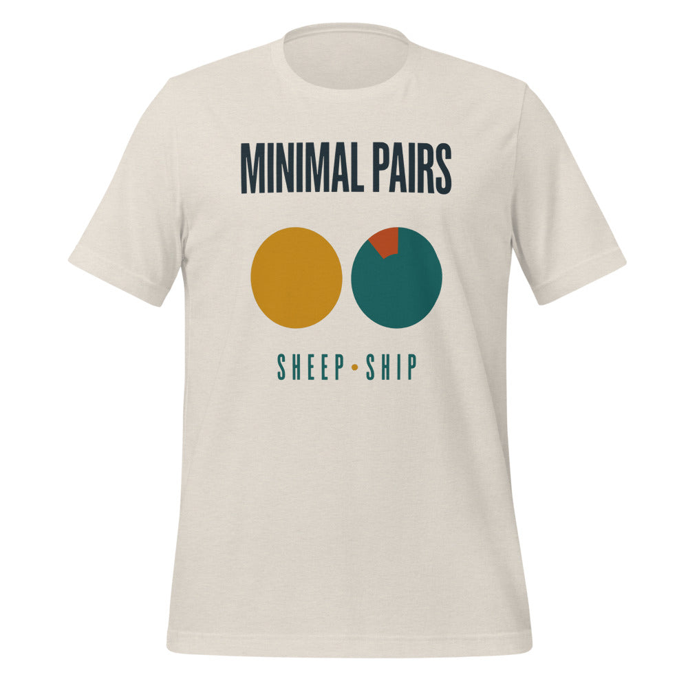 Minimal Pairs speech therapy tee — Heather Dust, front