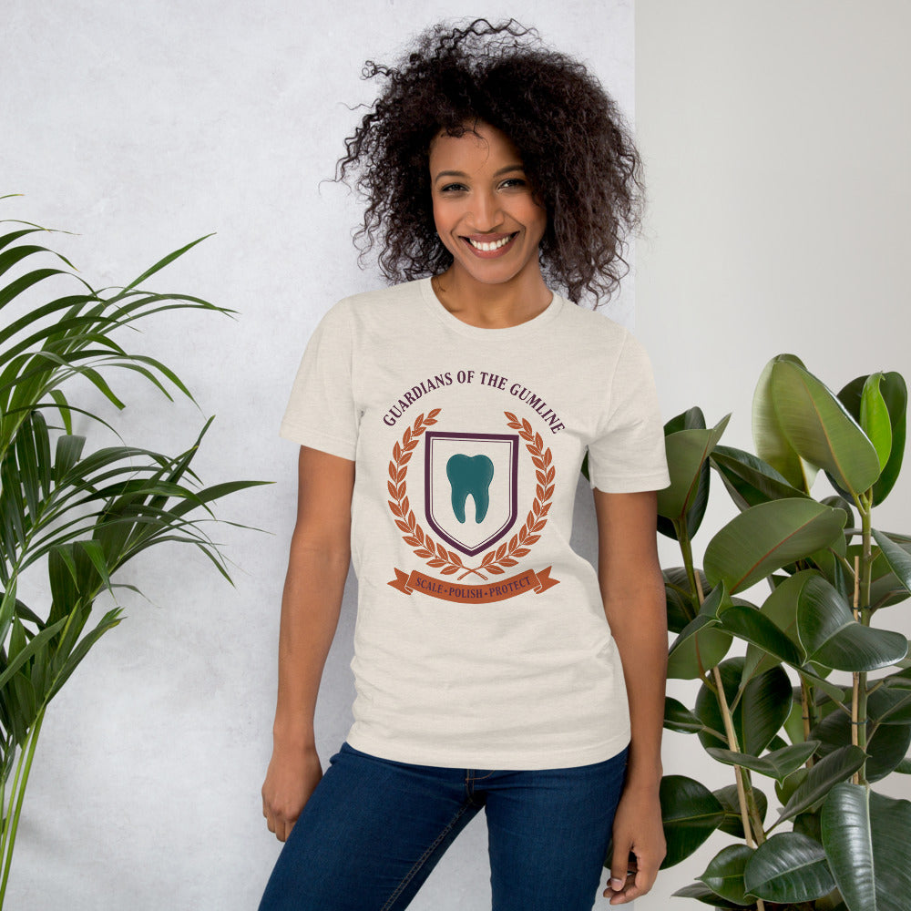 Guardians of the Gumline dental hygienist tee — Heather Dust, on model