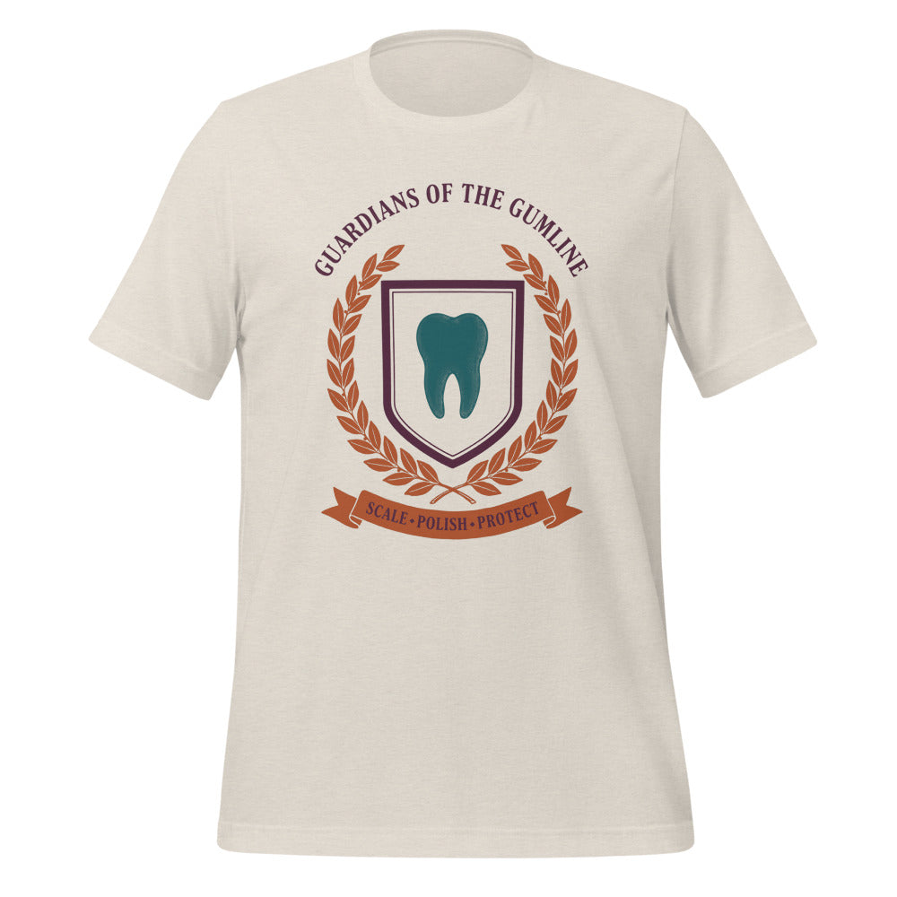 Guardians of the Gumline dental hygienist tee — Heather Dust, front