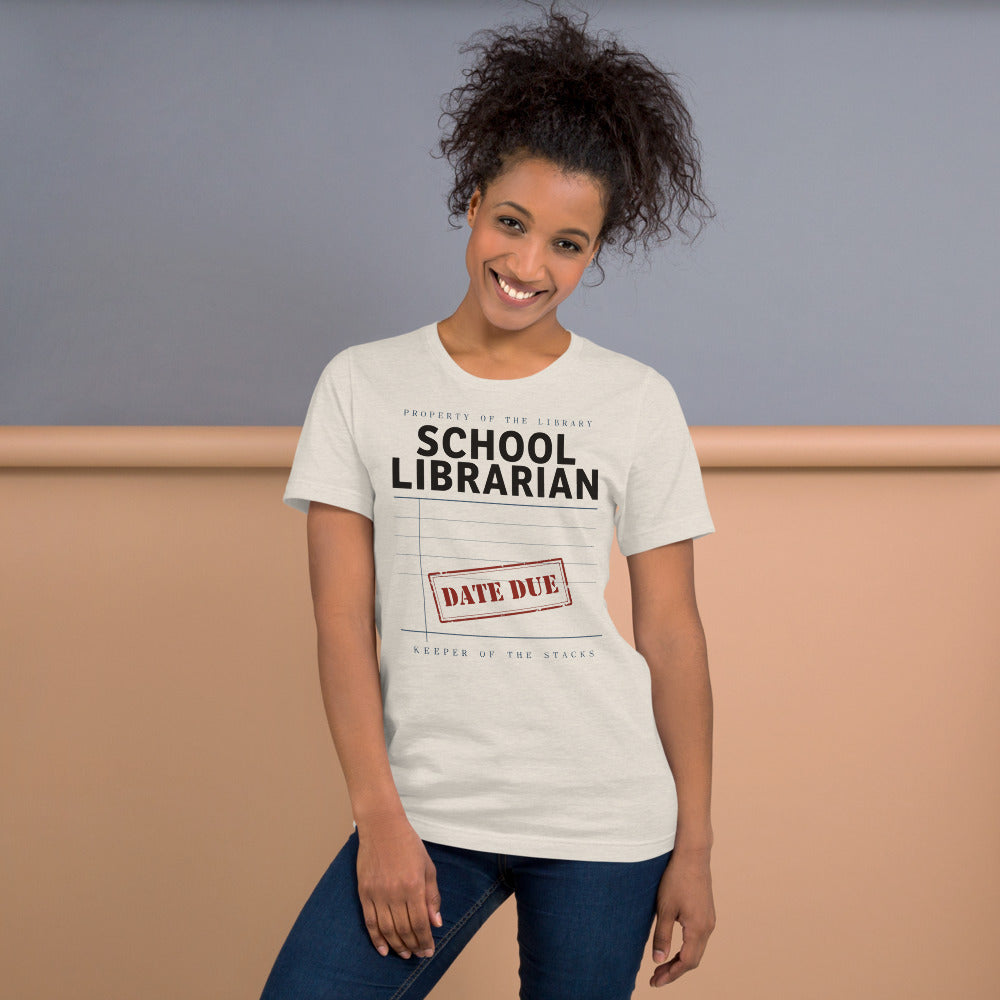 Property of the School Library card catalog school librarian tee — Heather Dust, on model
