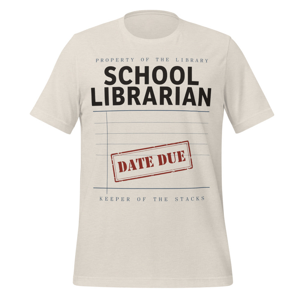 Property of the School Library card catalog school librarian tee — Heather Dust, front