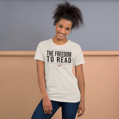 The Freedom to Read school librarian tee — Heather Dust, on model