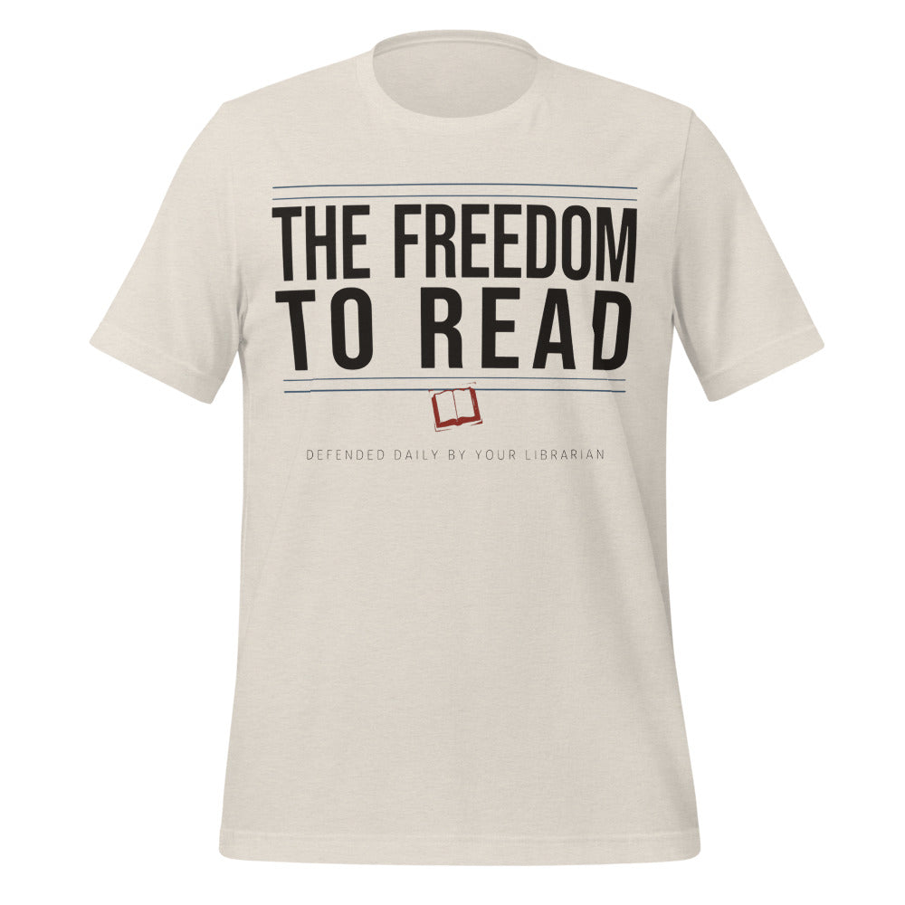 The Freedom to Read school librarian tee — Heather Dust, front