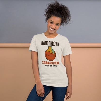 Hand Thrown Studio Pottery retro poster t-shirt — Heather Dust, on model