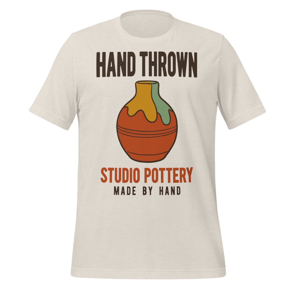 Hand Thrown Studio Pottery retro poster t-shirt — Heather Dust, front