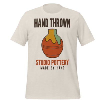 Hand Thrown Studio Pottery retro poster t-shirt — Heather Dust, front