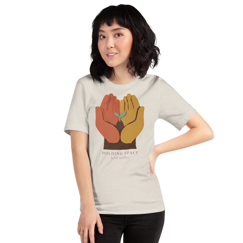 Holding Space birth worker doula t-shirt — Heather Dust, on model