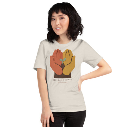 Holding Space birth worker doula t-shirt — Heather Dust, on model