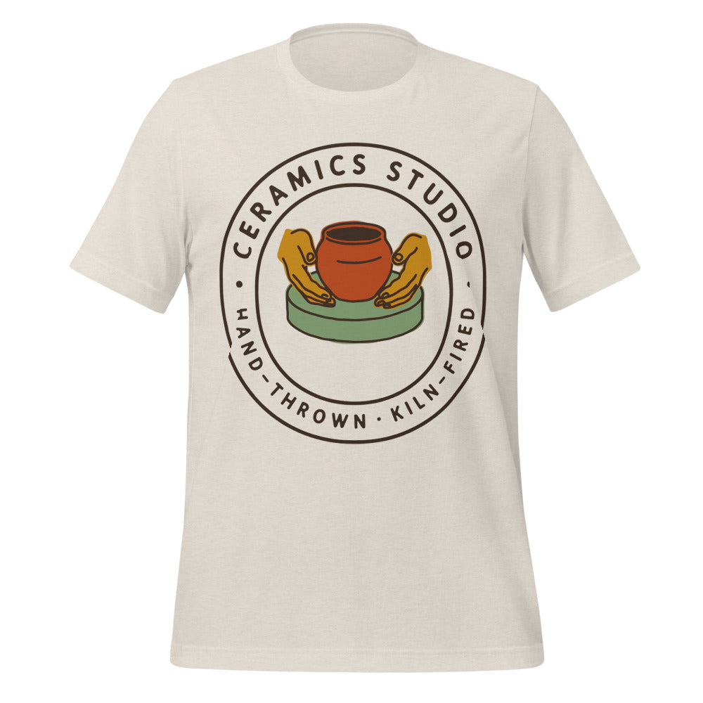 Ceramics Studio Badge hand-thrown pottery t-shirt — Heather Dust, front